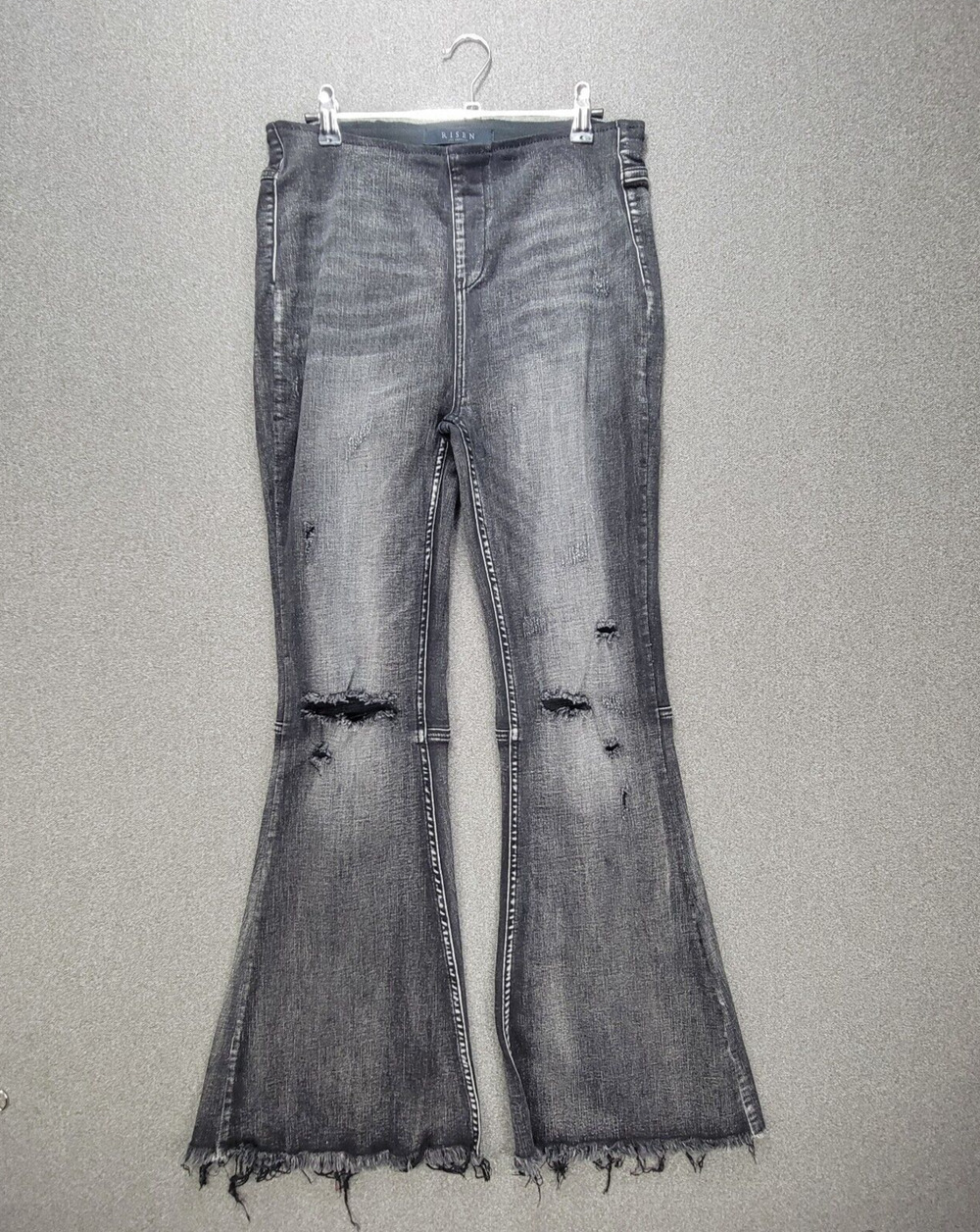 Risen M Black Washed Elastic Waistband Distressed Vintage Flare Raw Hem Jeans